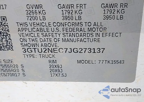 2018 GMC Sierra Slt z USA, uszkodzony, nr VIN 3GTU2NEC7JG273137